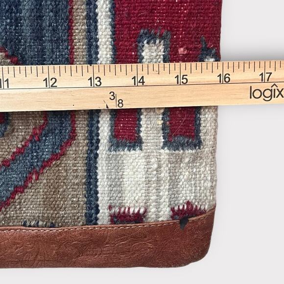 Southwestern Kelim Saddle Blanket Woven Tote Bag Purse Tooled Leather Trim - Picture 7 of 11